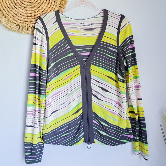 Aldo Martins, Multi Abstract V-neck Zip Front Stretch Knit Cardigan, SZ 10 - Picture 2 of 11